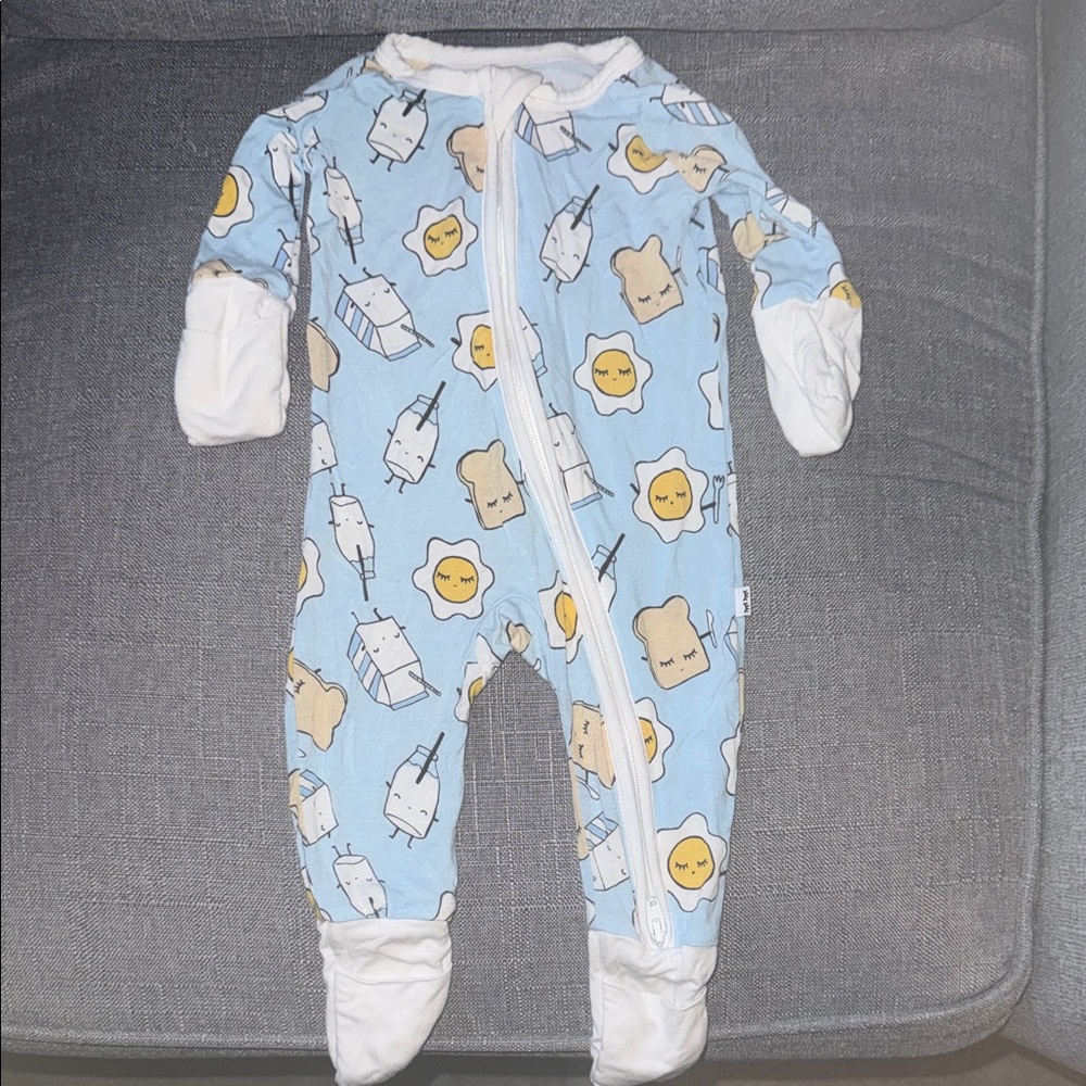 Little Sleepies Blue and White Cartoon Print Footie. Size newborn.